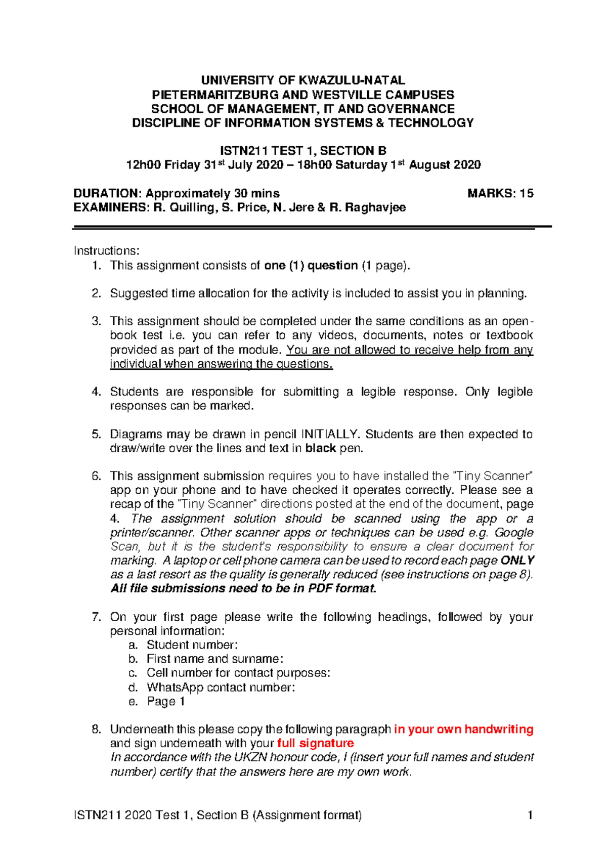 ISTN211 Test 1 Section B - assignment - UNIVERSITY OF KWAZULU-NATAL ...