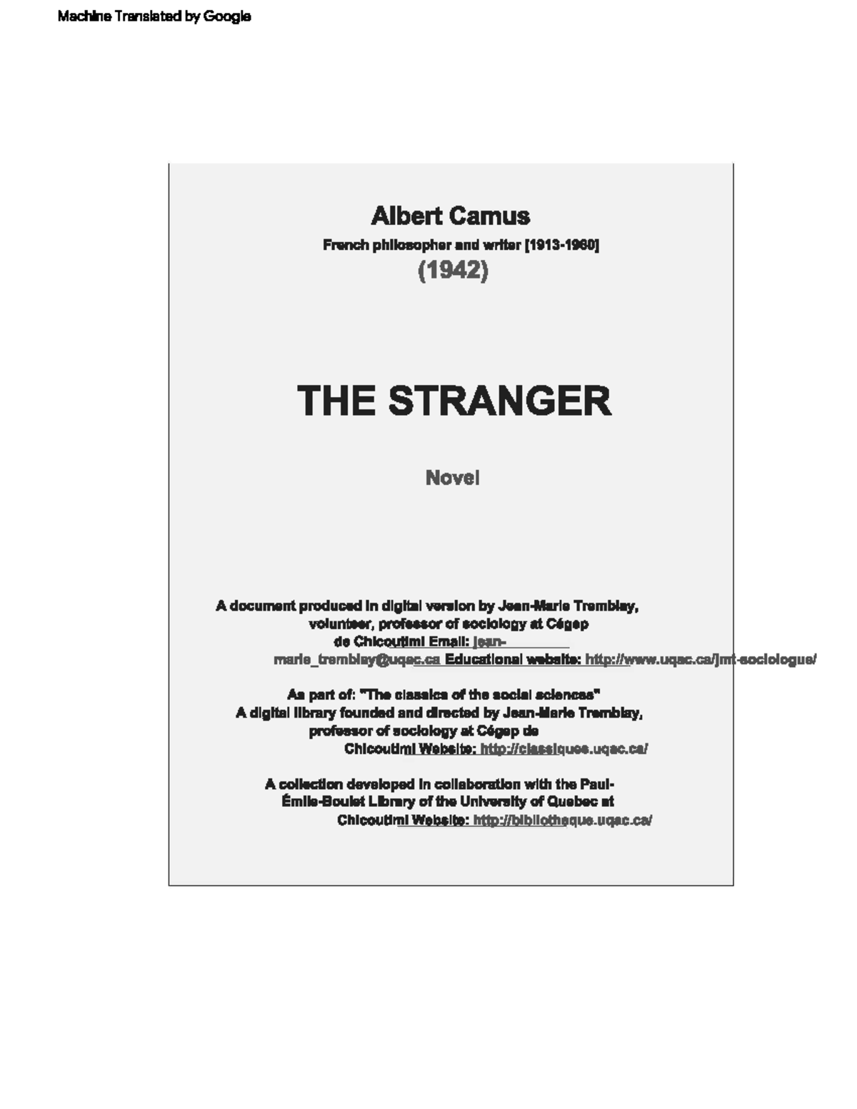 Camus The Stranger book pdf Studocu