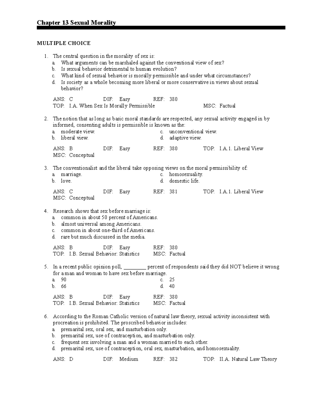 Ch13 - Sexual Morality - Chapter 13 Sexual Morality MULTIPLE CHOICE The ...