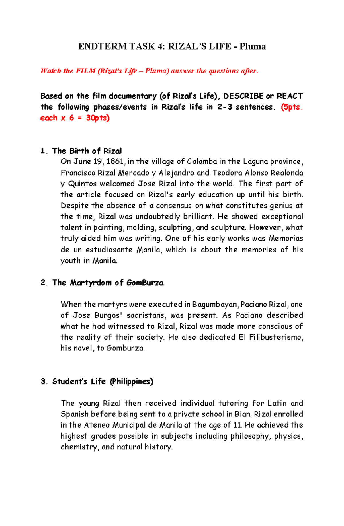 Rizal Endterm Task 4 - ENDTERM TASK 4: RIZAL’S LIFE - Pluma Watch the ...