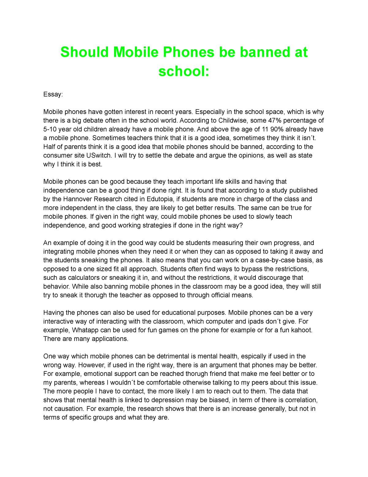 should cell phones be banned in school essay
