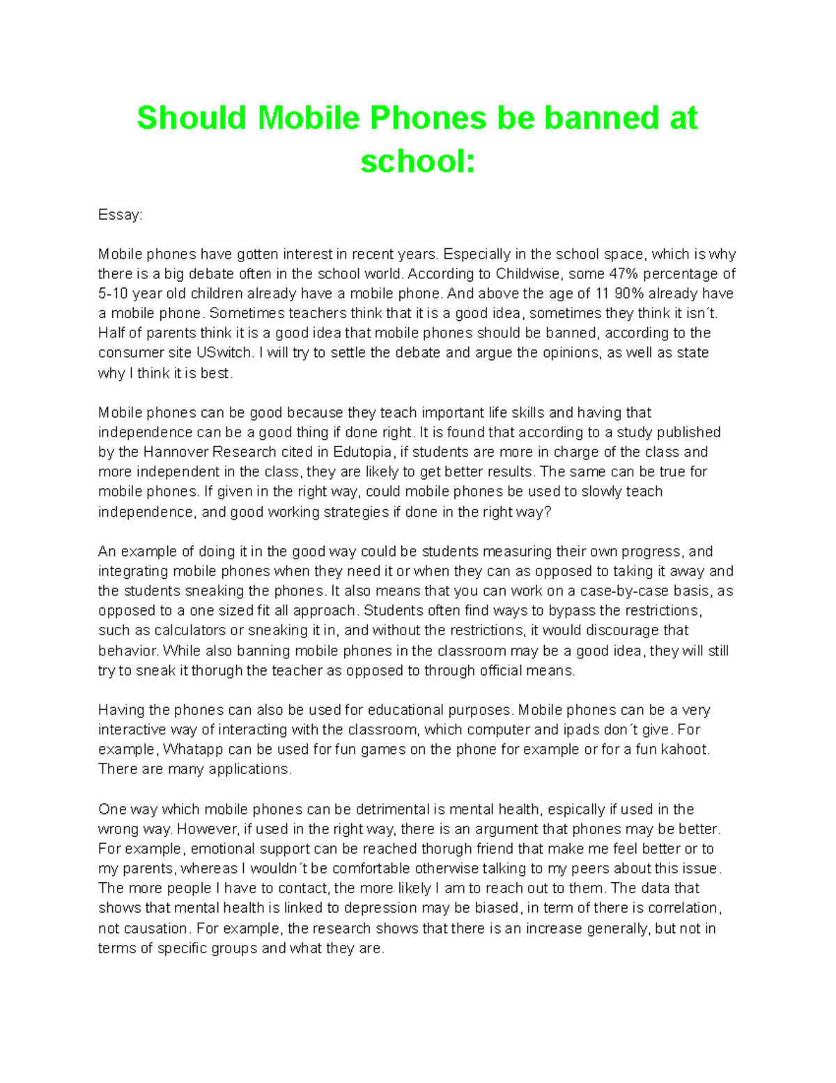 ban cell phones in school essay