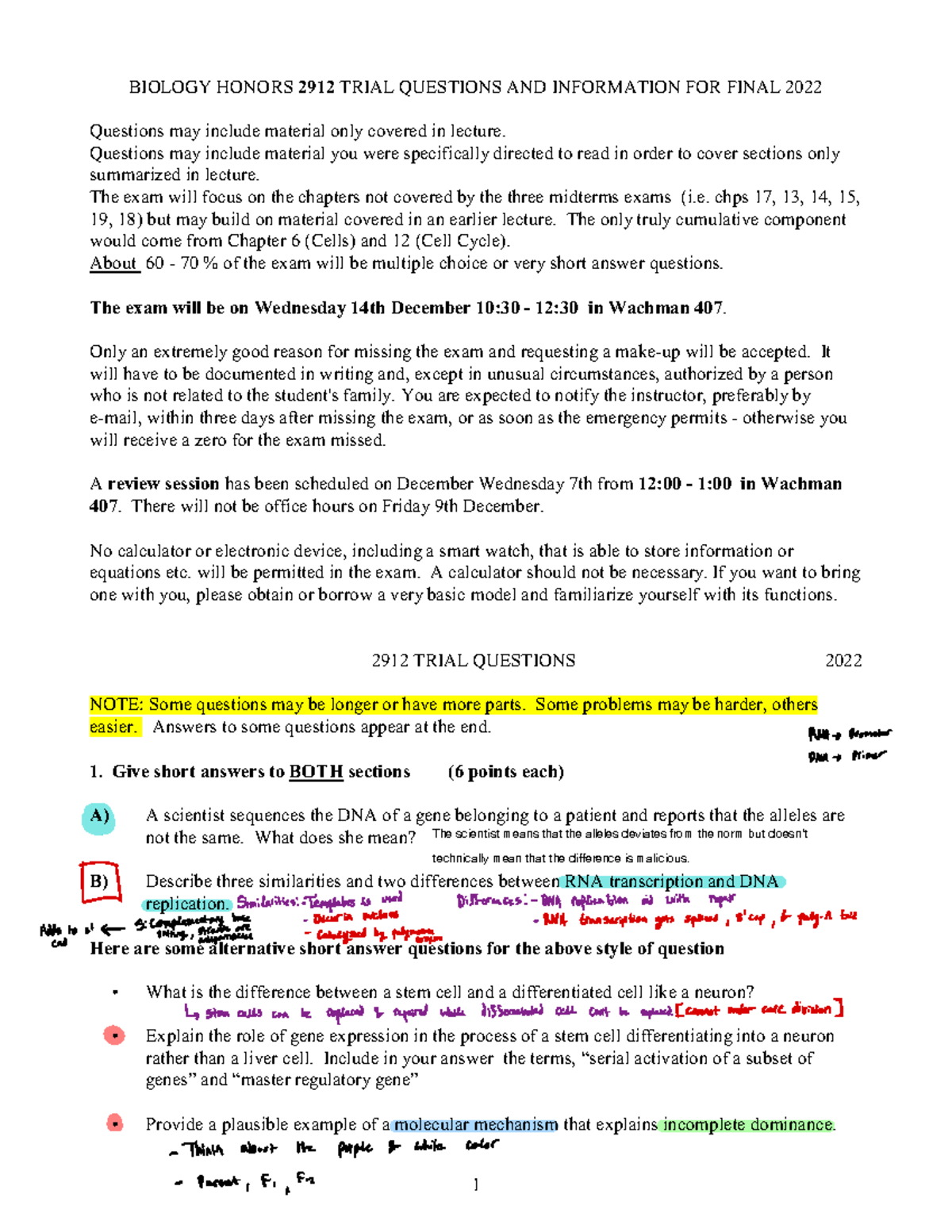 Final Exam Practice For Bio - BIOLOGY HONORS 2912 TRIAL QUESTIONS AND ...