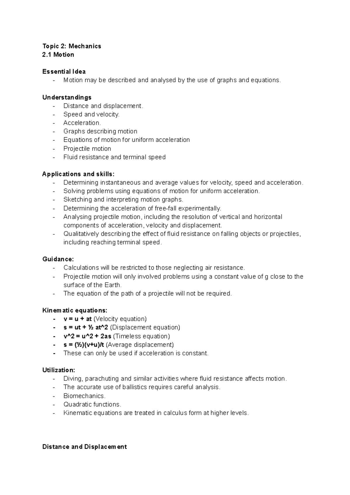 Topic 2.1 Motion - Study Notes for Physics - Topic 2: Mechanics 2 ...