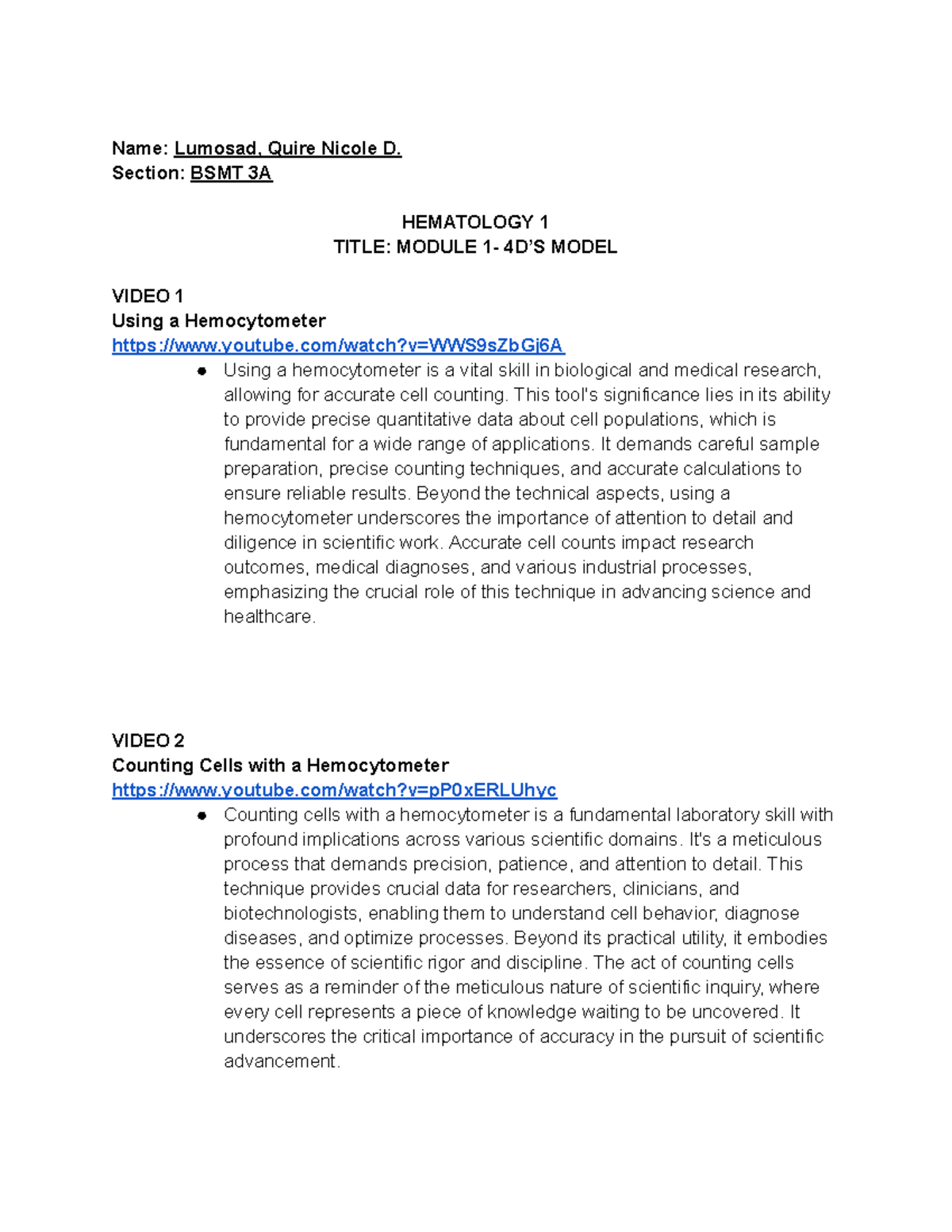 Answersheet HEMA 1 Activities - Name: Lumosad, Quire Nicole D. Section ...