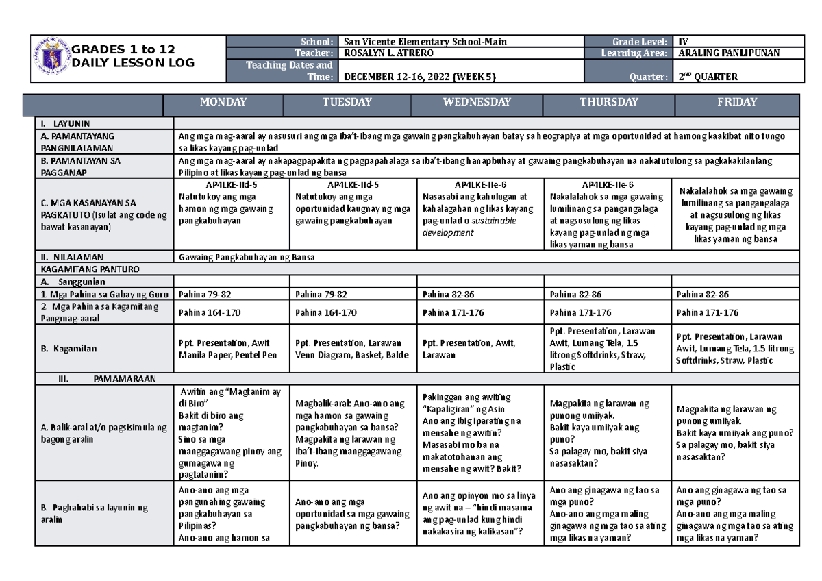 DLL Araling Panlipunan 4 Q2 W5 - GRADES 1 to 12 DAILY LESSON LOG School ...