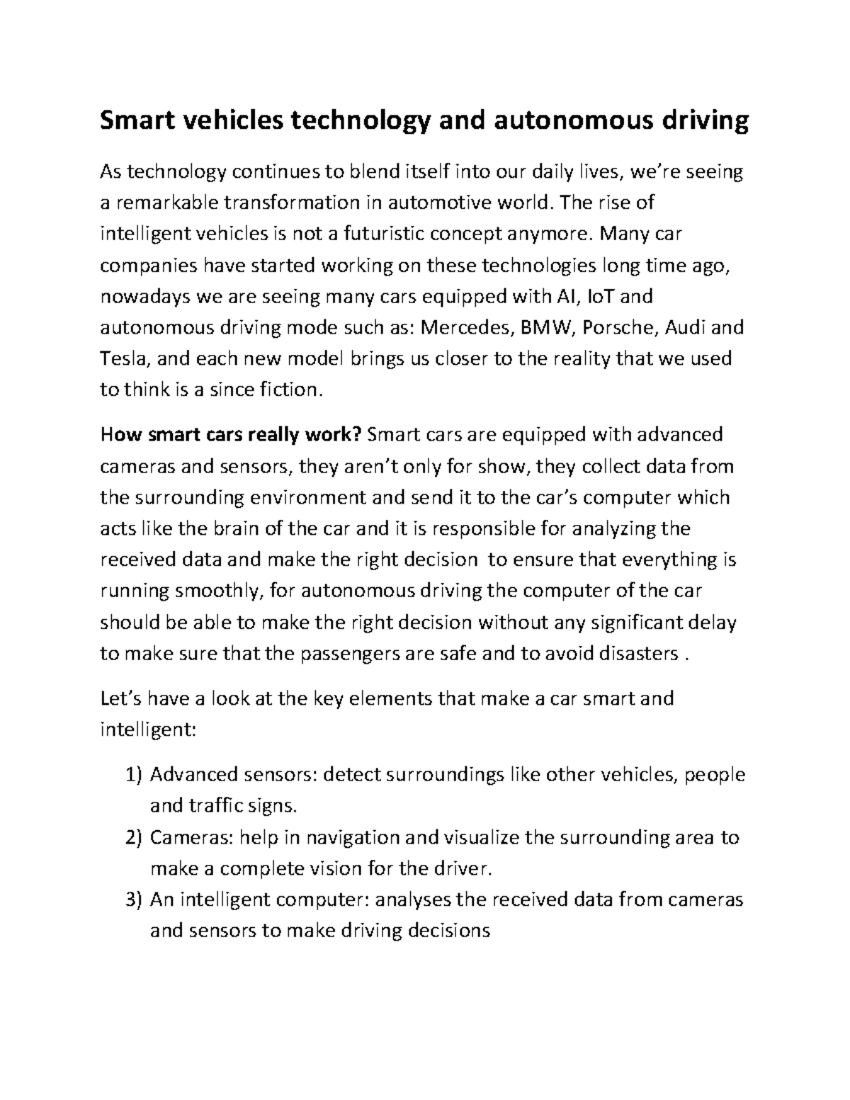 Smart vehicles technology and autonomous driving The rise of