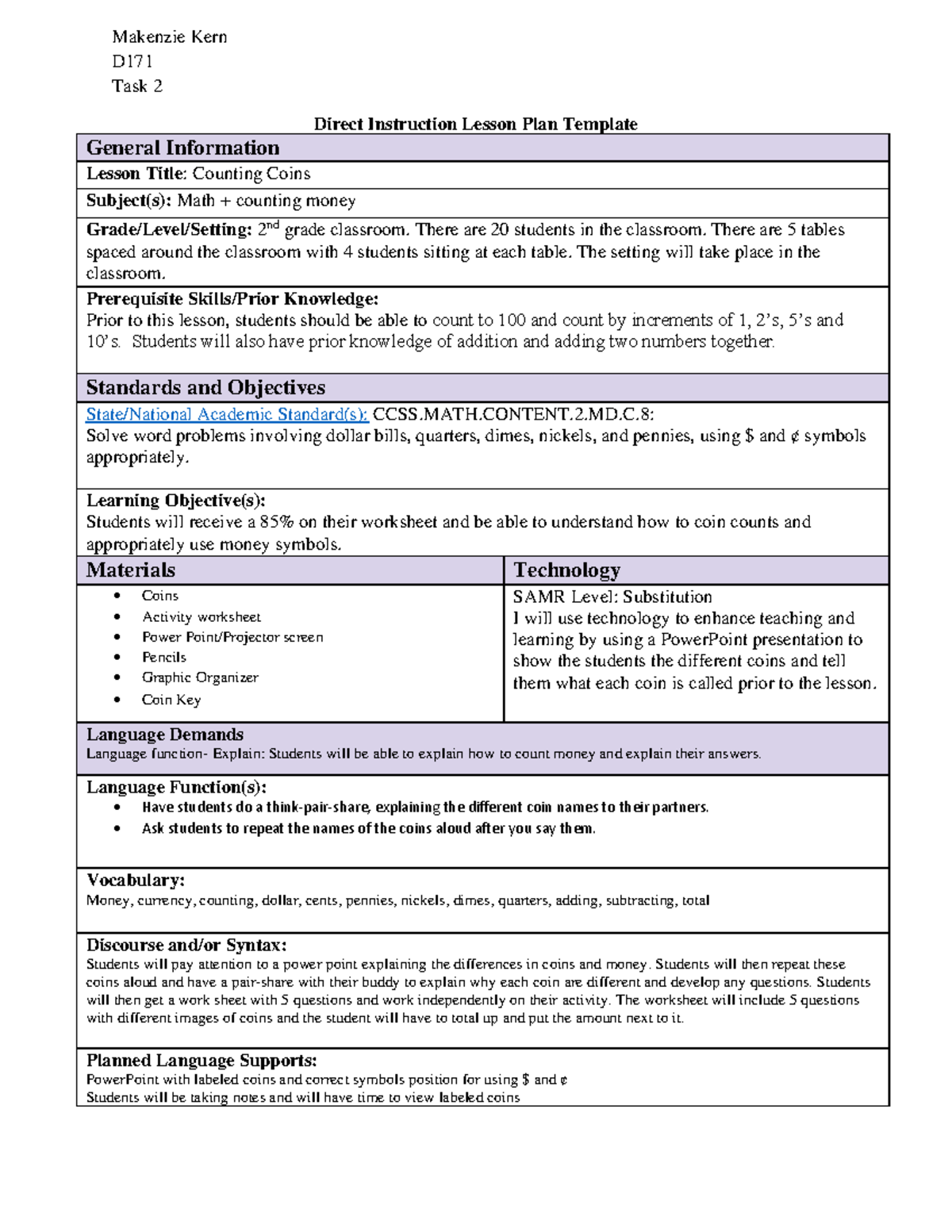 Counting Coins Lesson Plan for 2nd Grade Math Studocu
