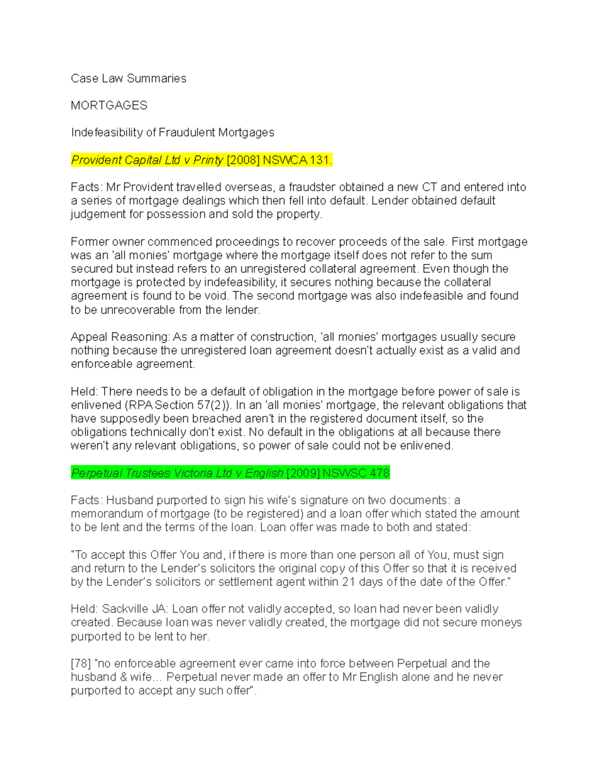 Real Property Case Summaries Case Law Summaries MORTGAGES