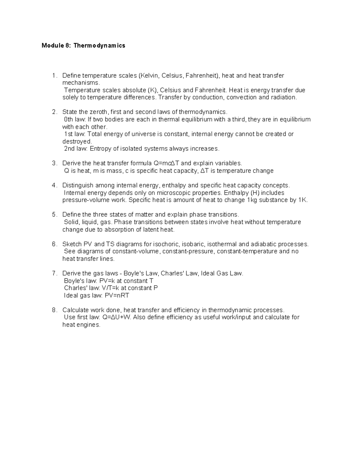 Module 8 Thermodynamics - Module 8: Thermodynamics 1. Define ...
