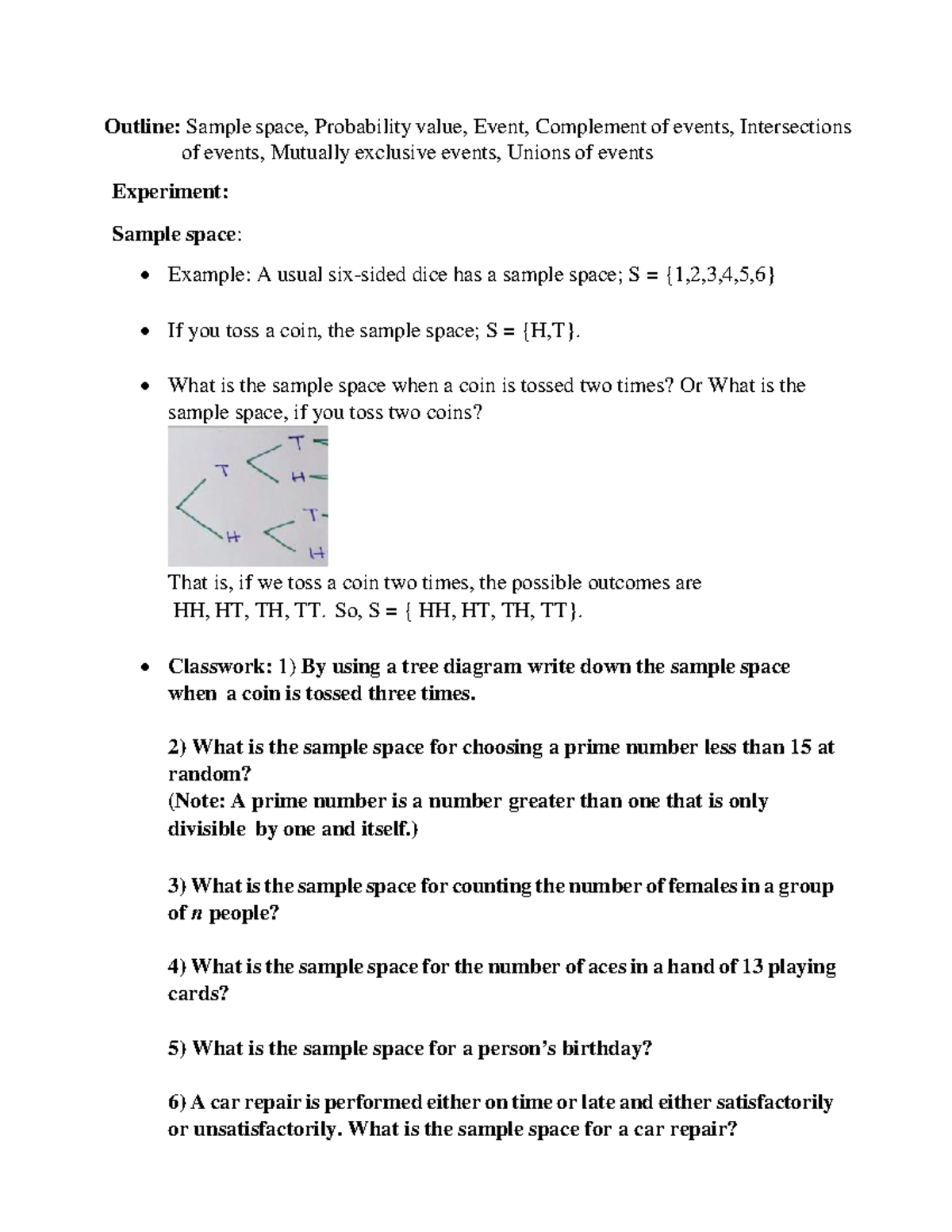 Lecture 1 - Hand work - Outline: Sample space, Probability value, Event ...