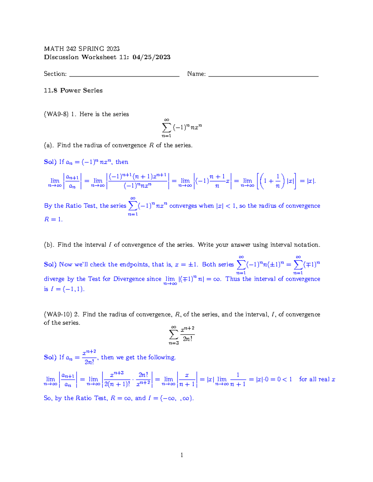 DISCUSSION WS 11 - MATH 242 SPRING 2023 Discussion Worksheet 11: 04/25 ...