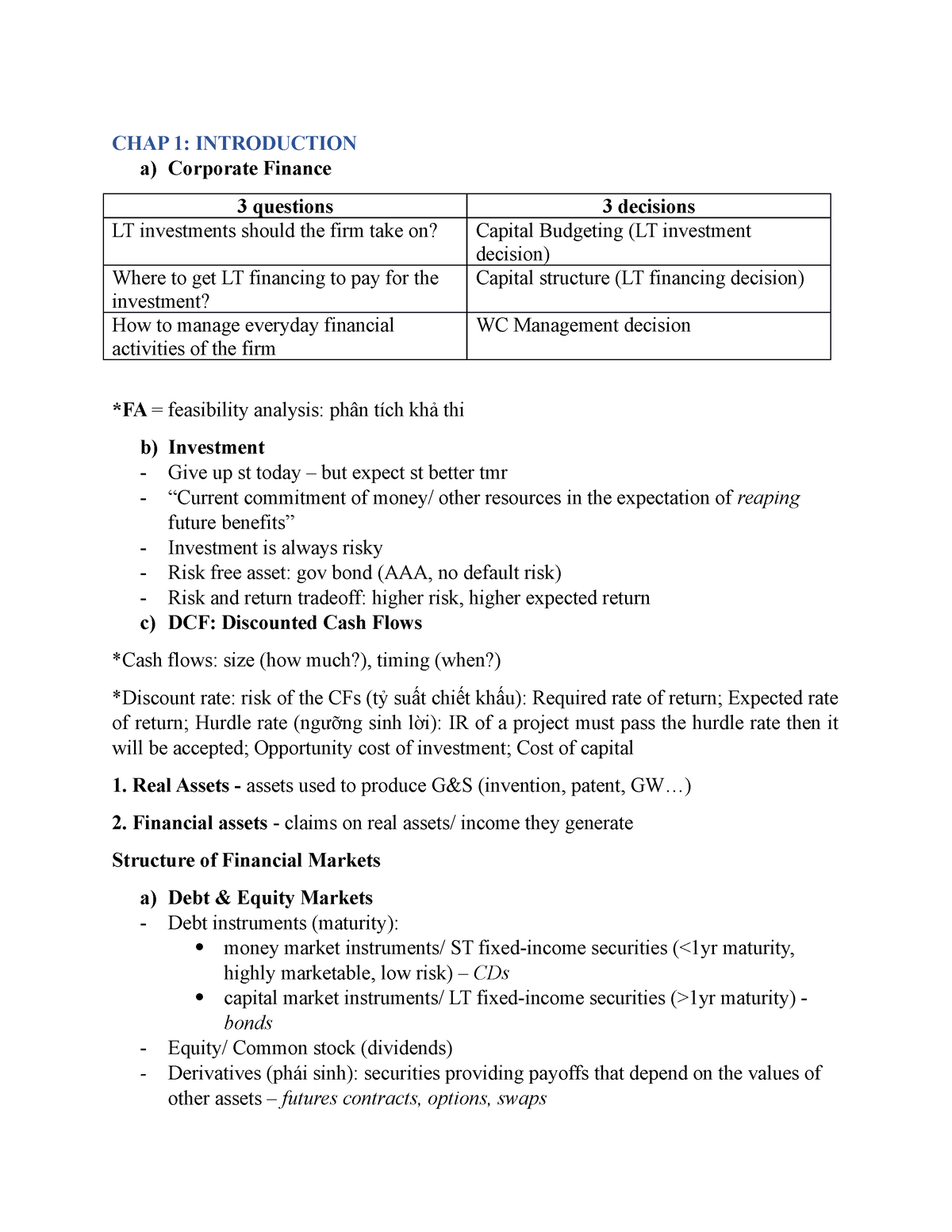 Investment- Princ - Note - CHAP 1: INTRODUCTION a) Corporate Finance 3 ...