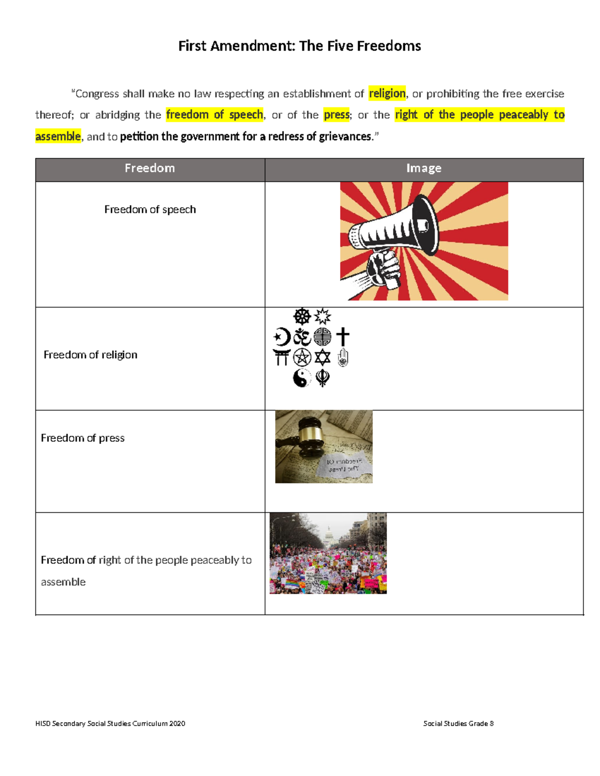 SS8 Five Freedoms Unit 5 (1) - First Amendment: The Five Freedoms ...