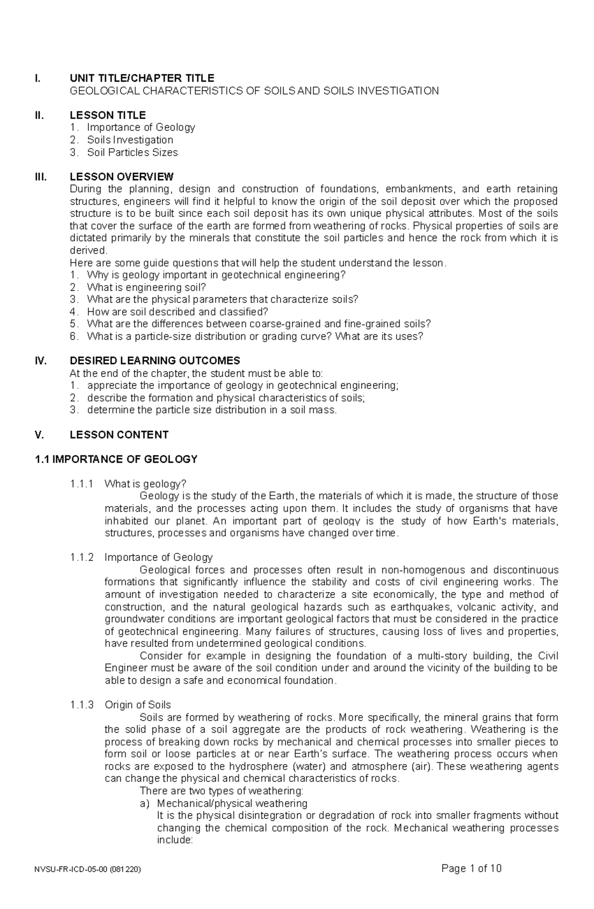 Geological Characteristics of Soils and Soil Investigation - I. UNIT ...