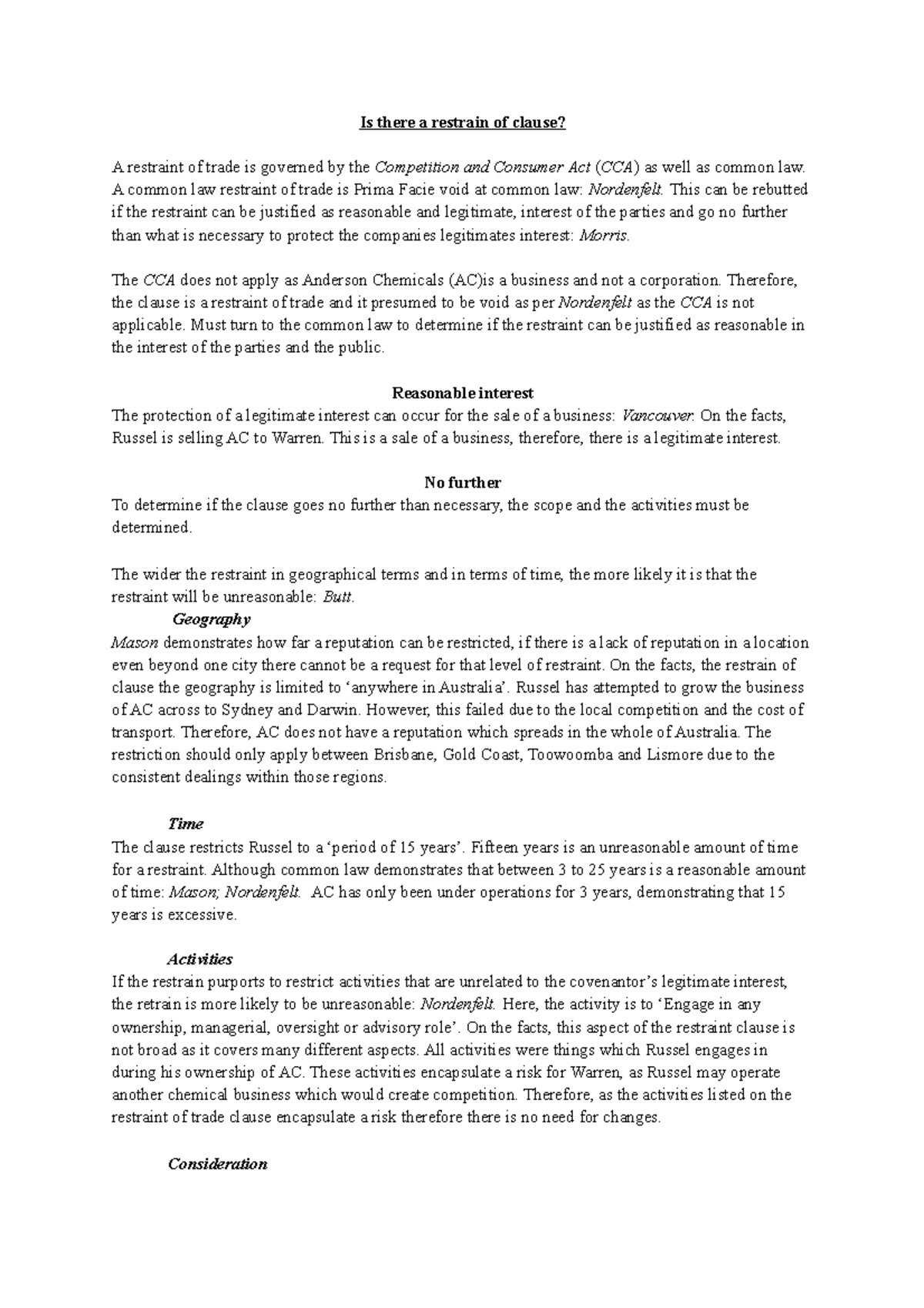 Assessment 1 Part 3 Is there a restrain of clause? A restraint of