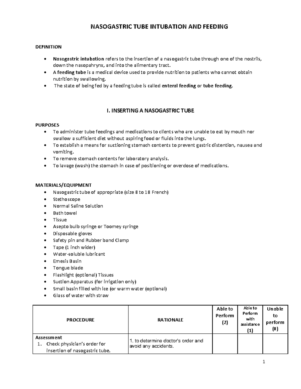 1. NGT Feeding. rationale NASOGASTRIC TUBE INTUBATION AND FEEDING