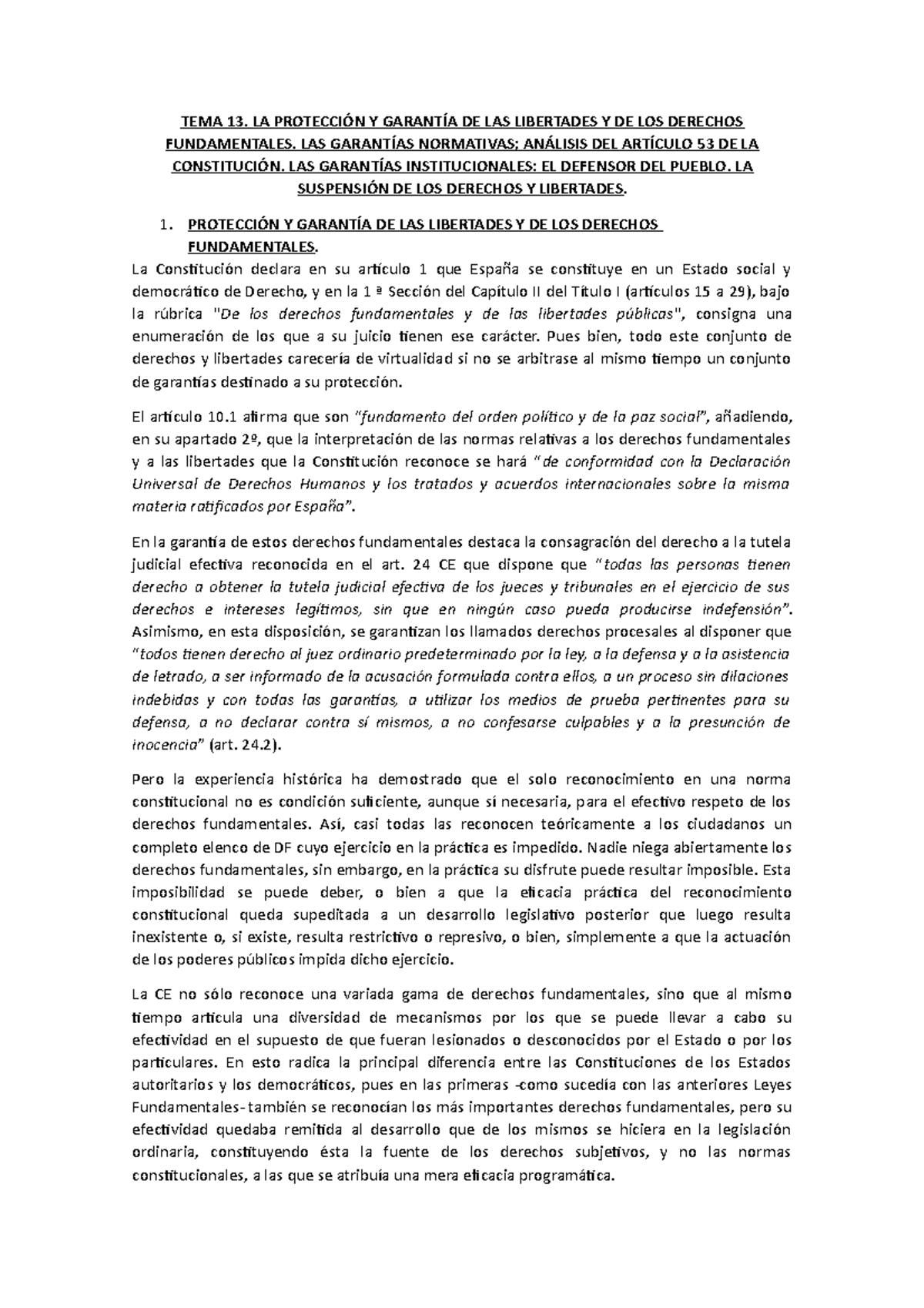 TEMA 13. LA PROTECCIÓN Y GARANTÍA DE LAS LIBERTADES Y DE LOS DERECHOS ...