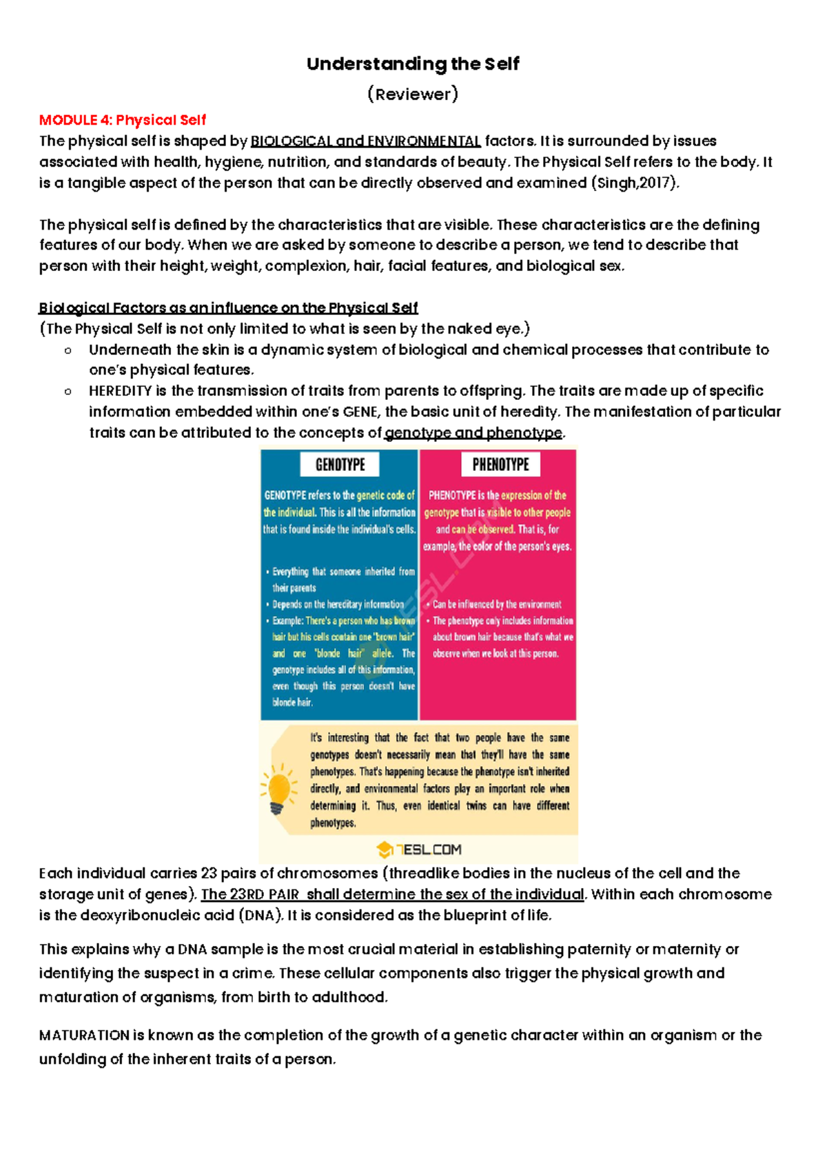 UTS 4-6 (Reviewer) - (Reviewer) MODULE 4: Physical Self The physical ...