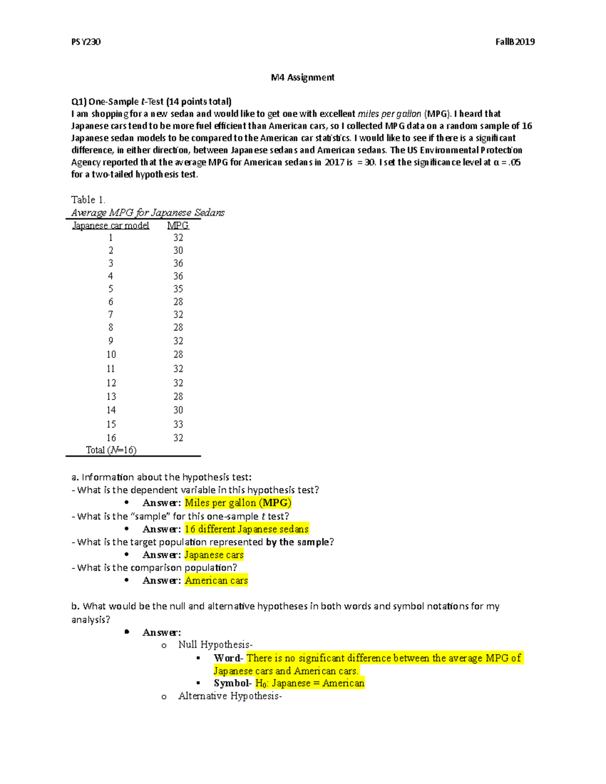 PSY 230 M4 Assignment - M4 Assignment Q1) One-Sample t-Test (14 points ...