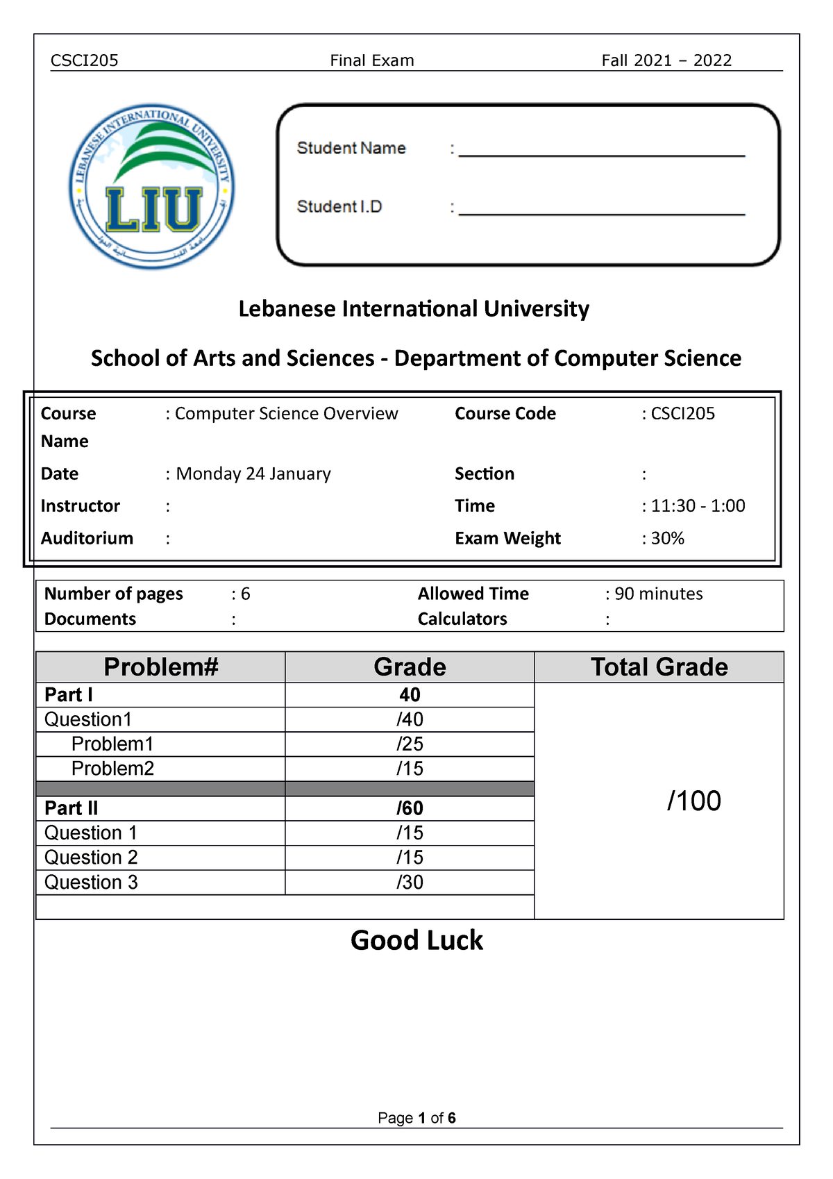 Alaa Janbieh - CSCI205 Computer Science Overview Final Exam Version 1-1 ...