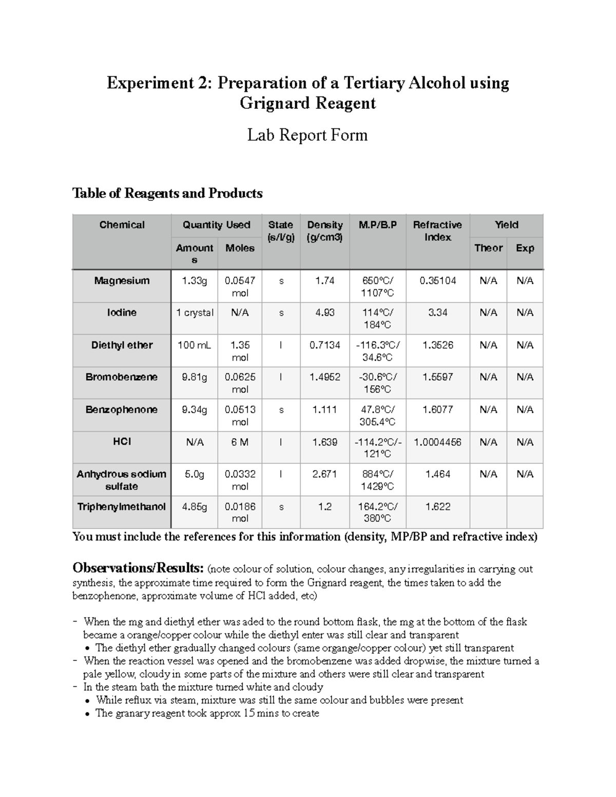 Orgo lab 2 report copy Experiment 2 Preparation of a Tertiary