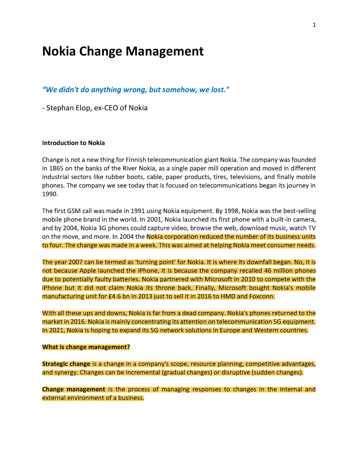 nokia case study change management