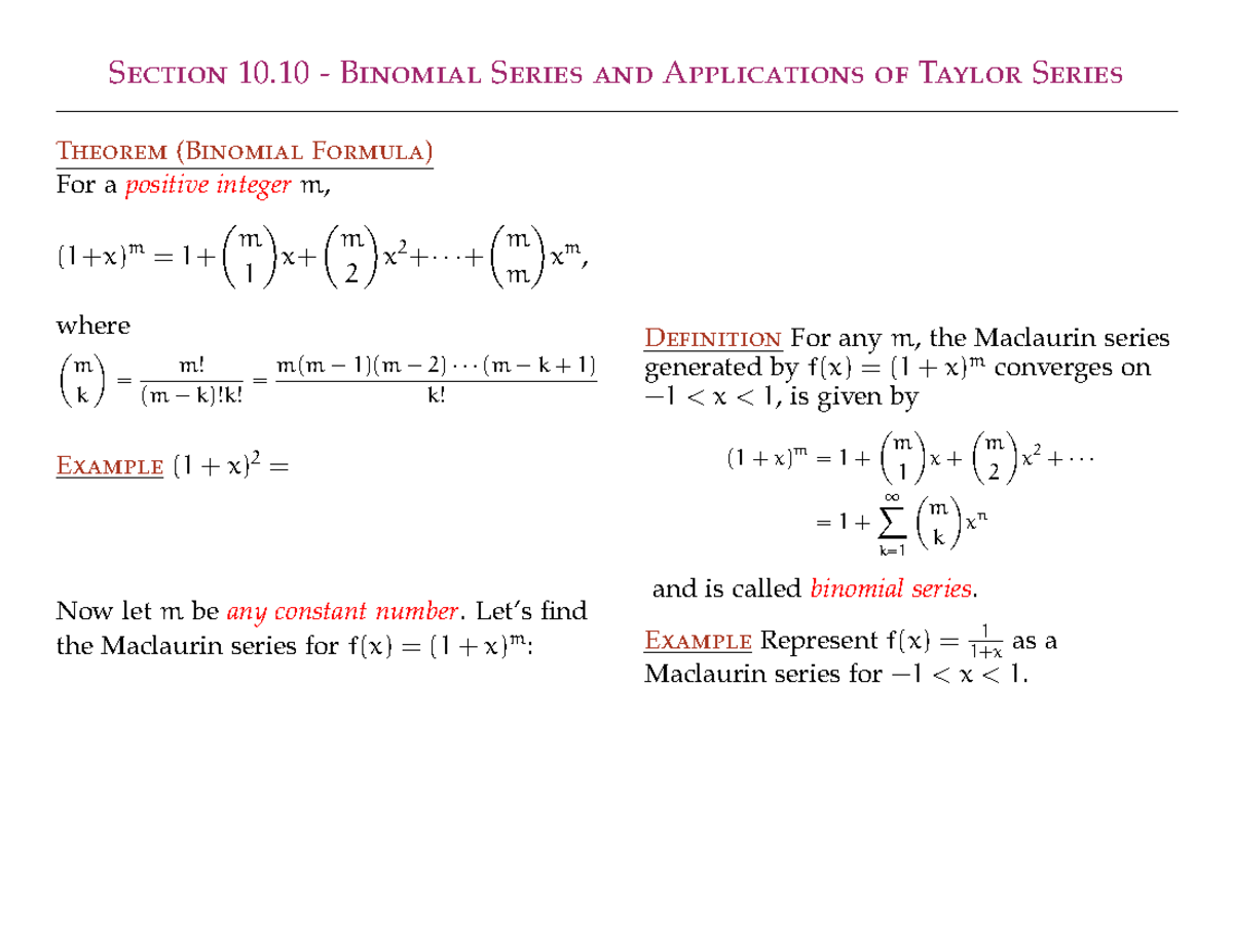 Math166 Section 1010 Section 10 Binomial Series And Applications Of 