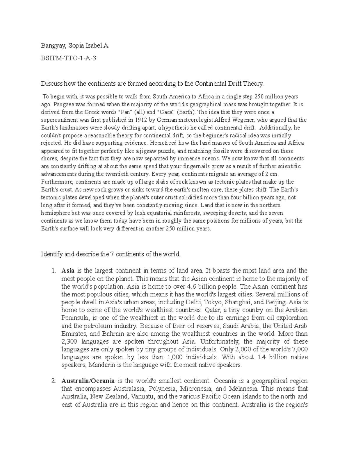 Bangyay How Did the Continents Form - Bangyay, Sopia Isabel A. BSITM ...