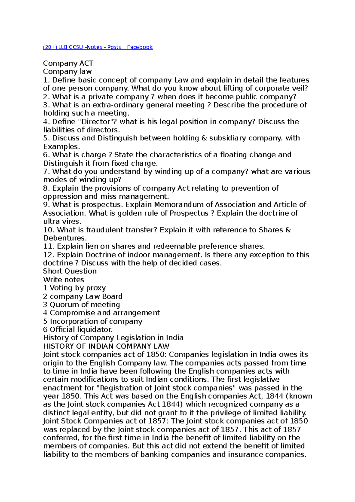 Company Law Notes - (20+) LLB CCSU -Notes - Posts | Facebook Company ...