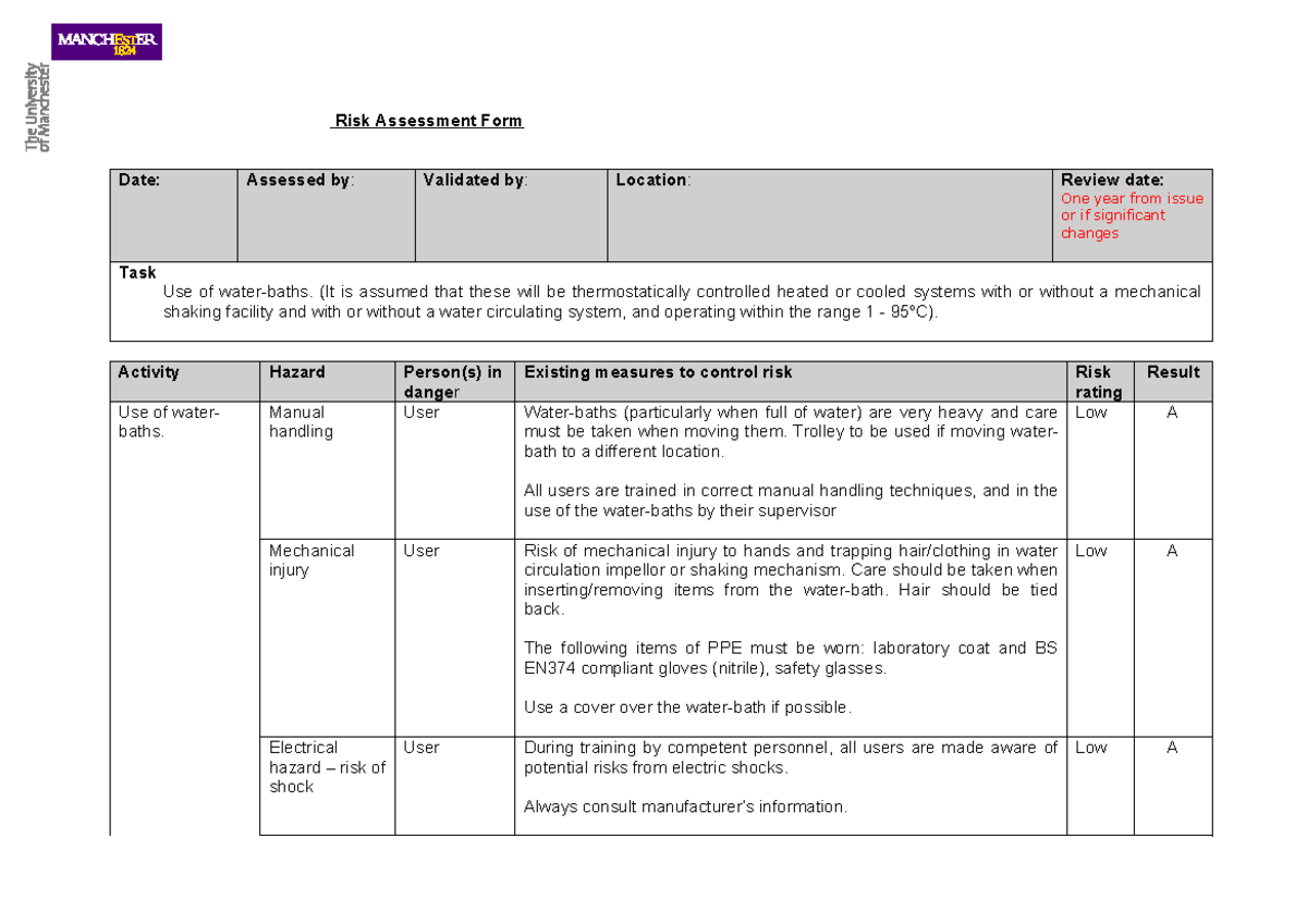 Waterbaths - Risk Assessment Form Date: Assessed by: Validated by ...