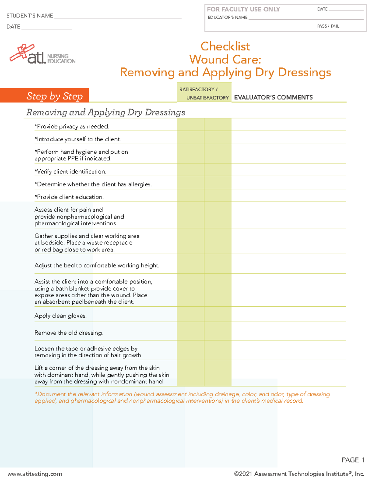 Ati Tissue Integrity Removing and Applying Dry Dressings checklist