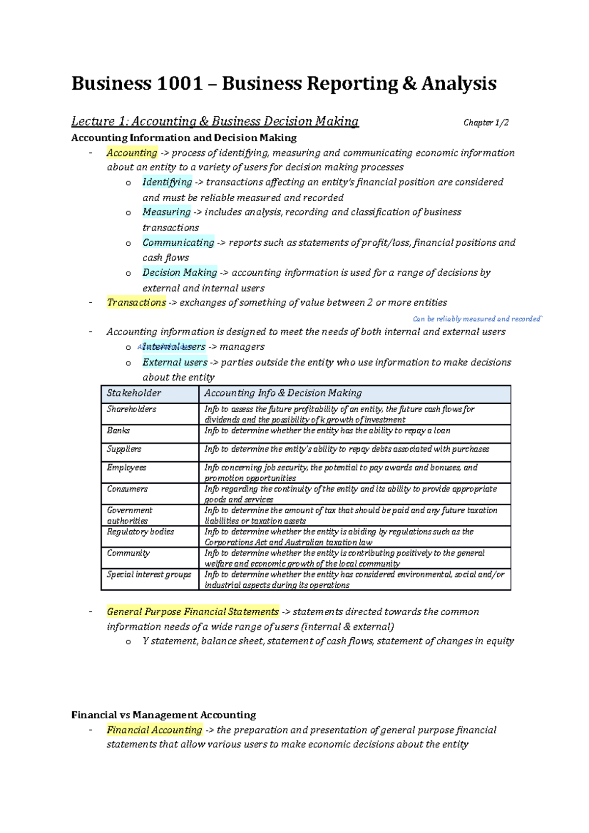 Busn1001 - Lectures 1-5 - Business 1001 – Business Reporting & Analysis ...