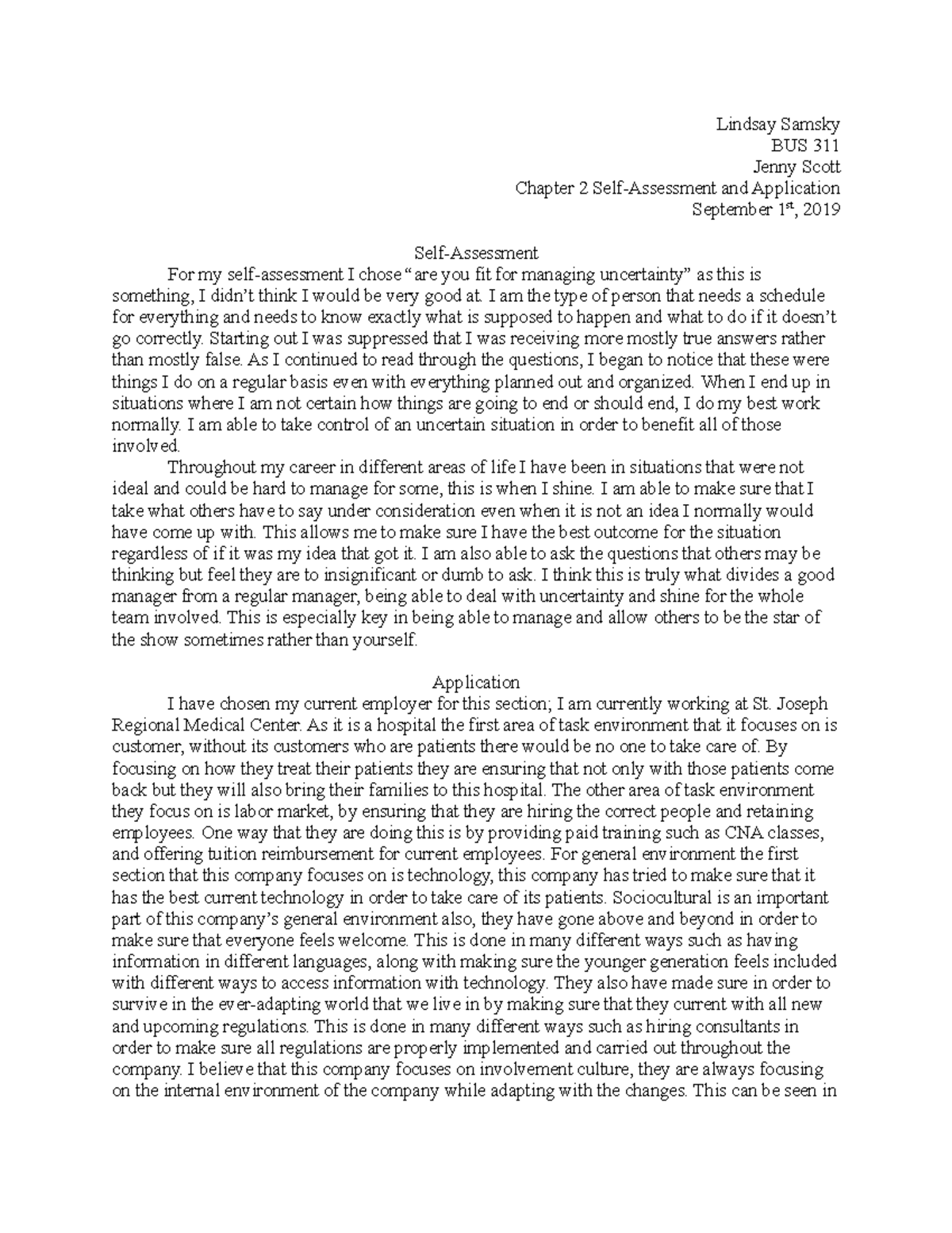 Chapter 2 Homework - Lindsay Samsky BUS 311 Jenny Scott Chapter 2 Self ...