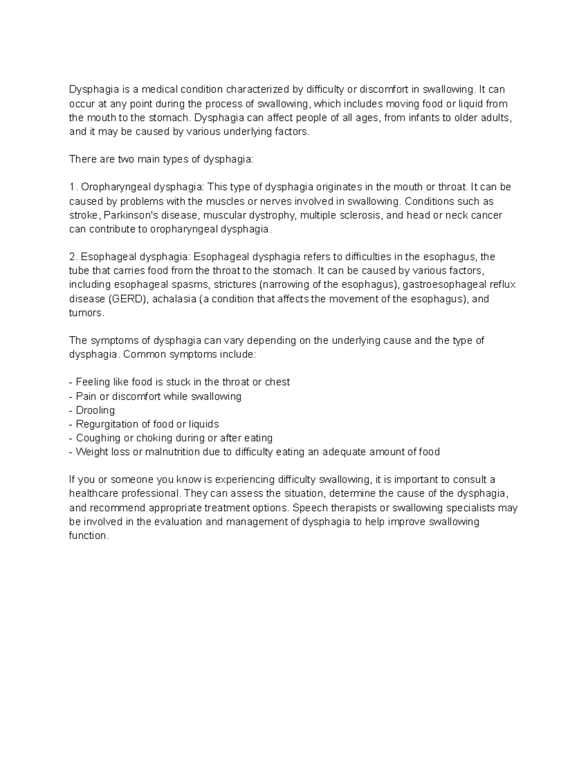 Untitled document - Exam Notes - Dysphagia is a medical condition ...