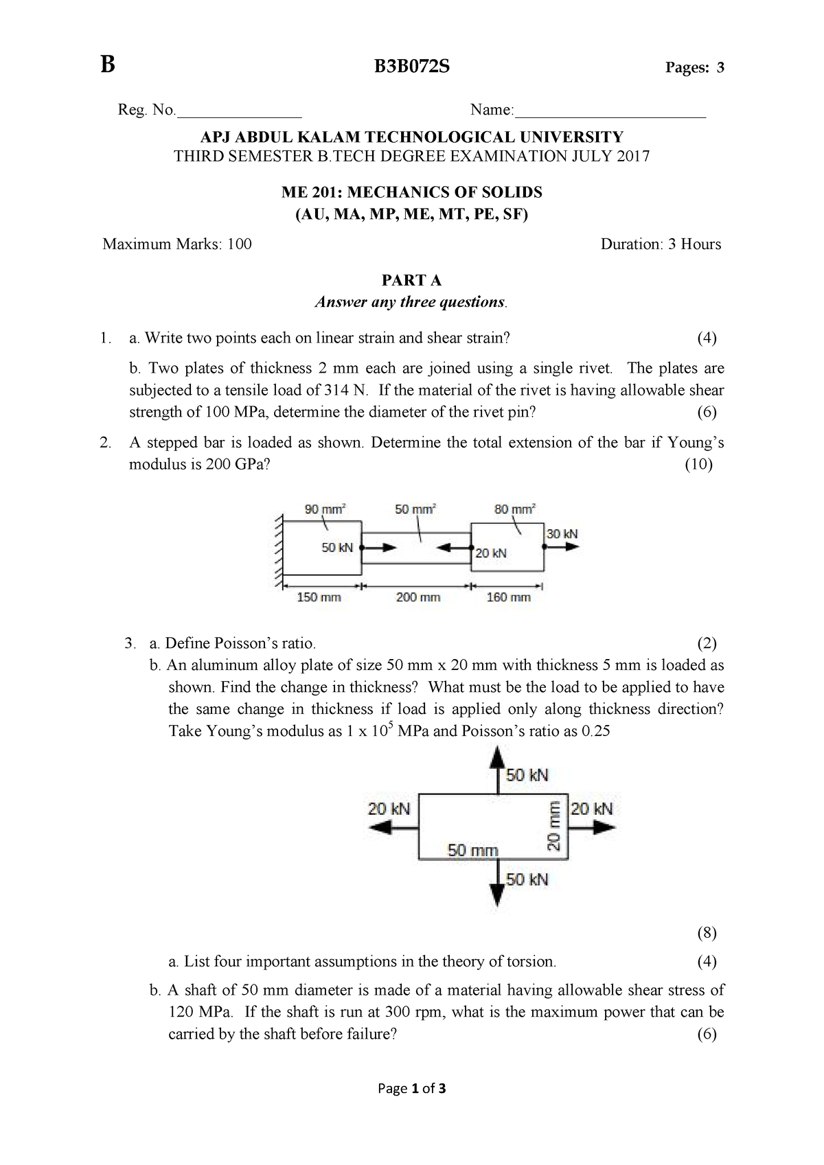 2017 July ME201-B - B B3B072S Pages: 3 Page 1 Of 3 Reg. No ...