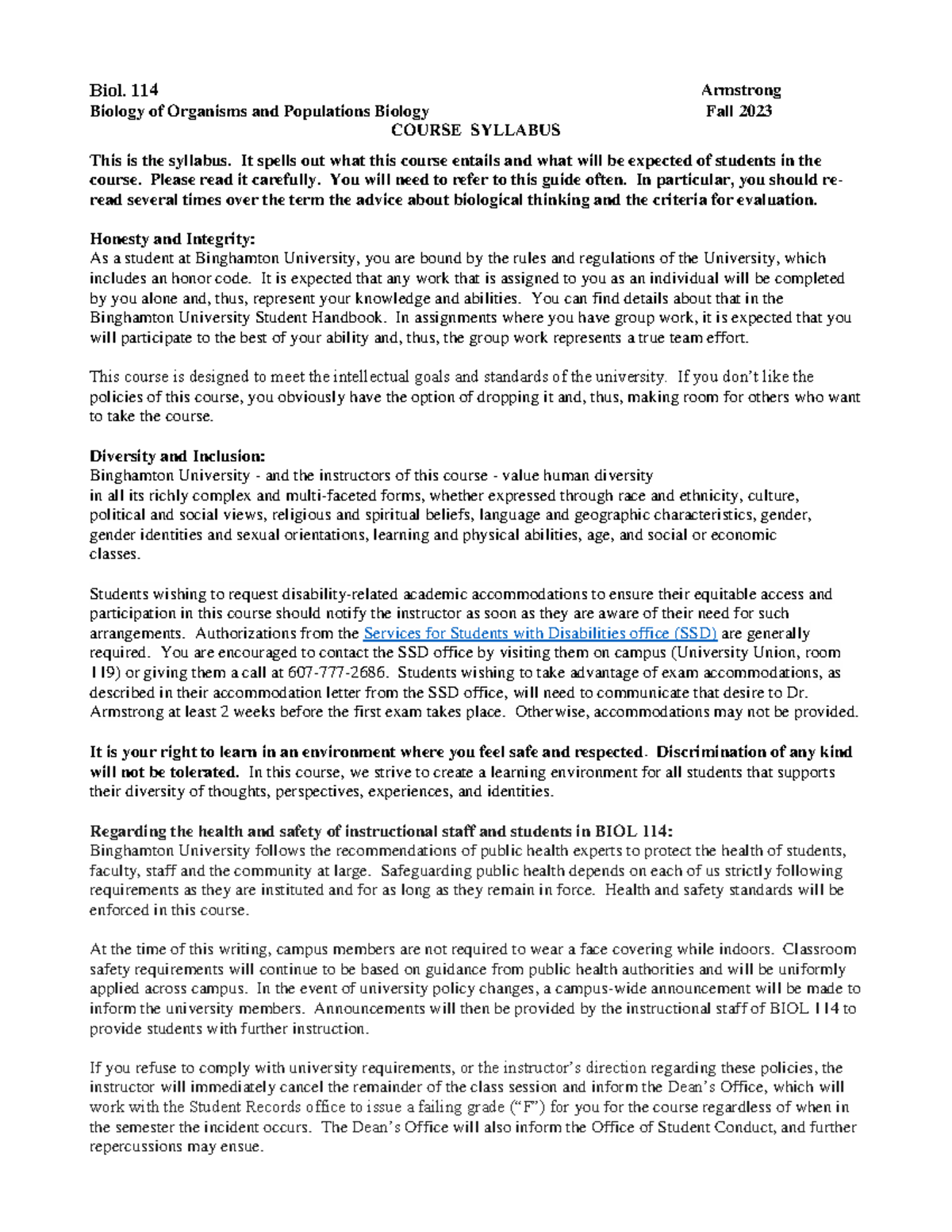 BIOL 114 Fall 2023 Syllabus - Biol. 11 4 Armstrong Biology of Organisms ...