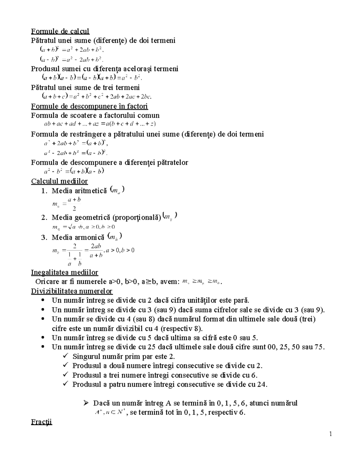 1 formule - Formule de calcul Pătratul unei sume (diferenţe) de doi ...