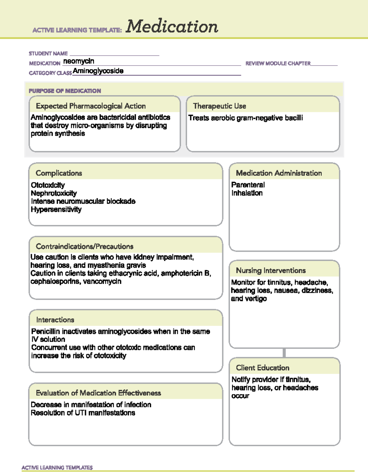 Neomycin The lecture notes on specific drugs and their purpose