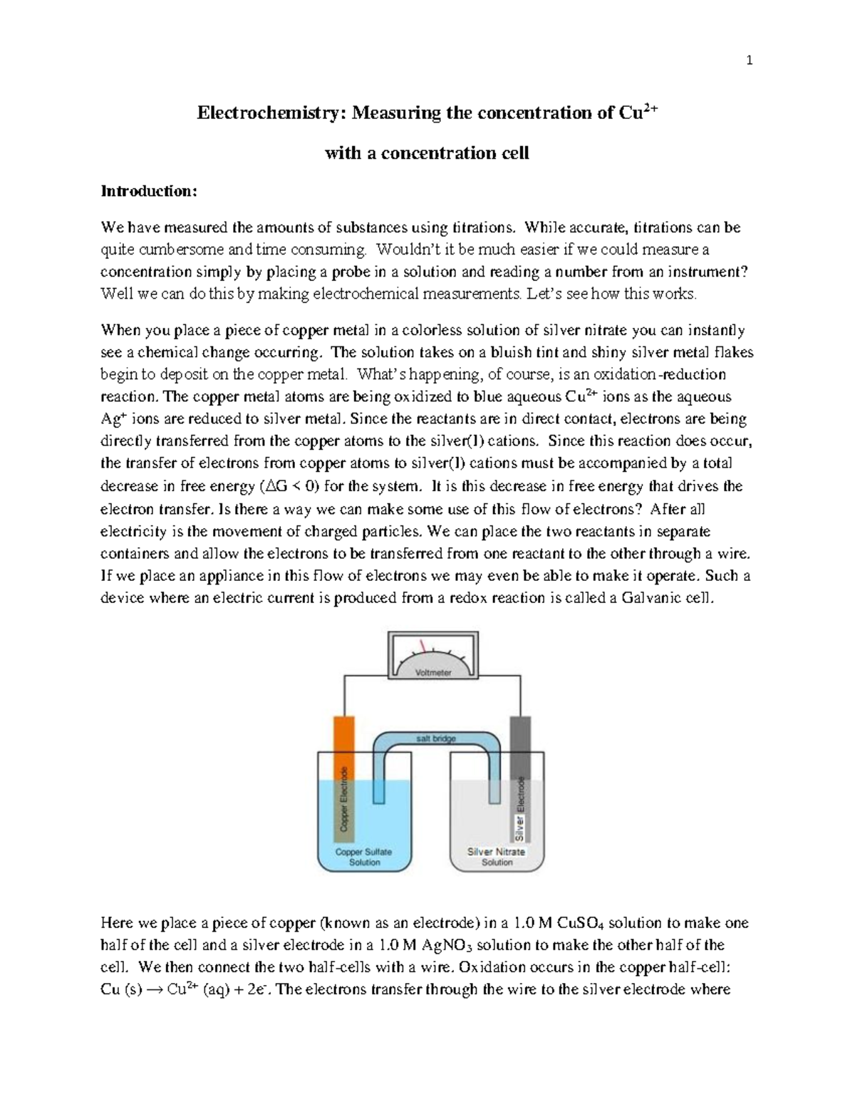 Electrochemistry The lab manual Electrochemistry Measuring the