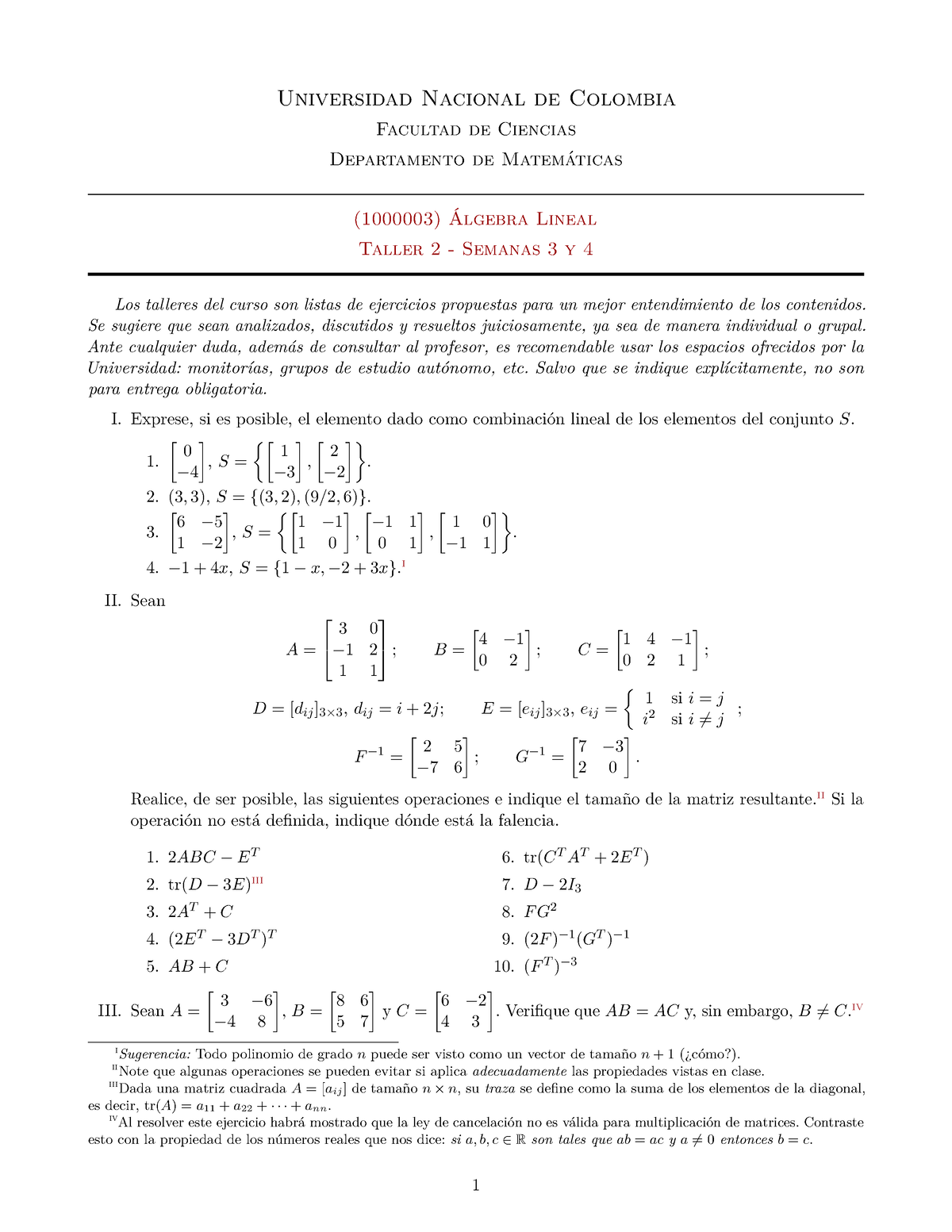 Taller Álgebra Lineal - Universidad Nacional De Colombia Facultad De ...