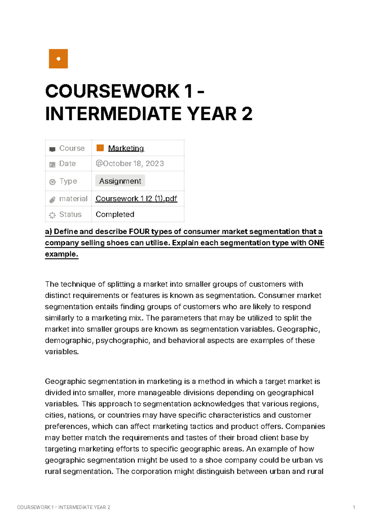 Coursework 1 - Intermediate YEAR 2 - COURSEWORK 1 - INTERMEDIATE YEAR 2 ...