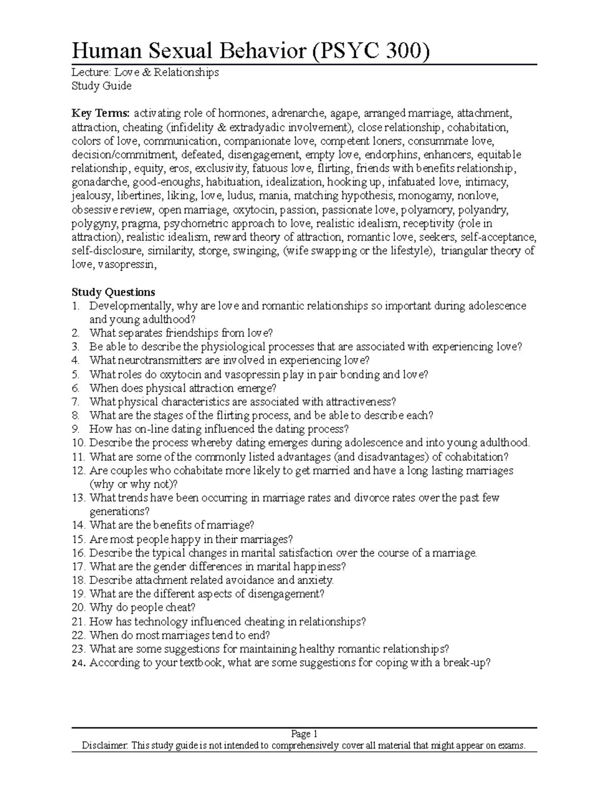 Study Guide (Love Relationshhips) - Human Sexual Behavior (PSYC 300 ...
