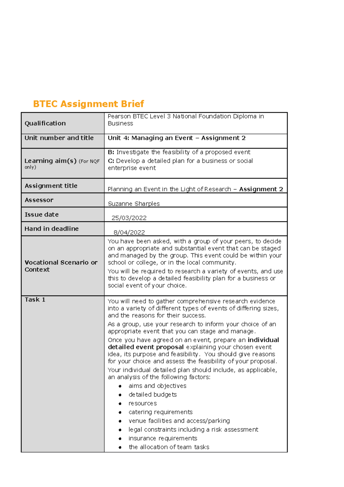 Unit 4 Managing An Event Aims Ass 2 - BTEC Assignment Brief ...