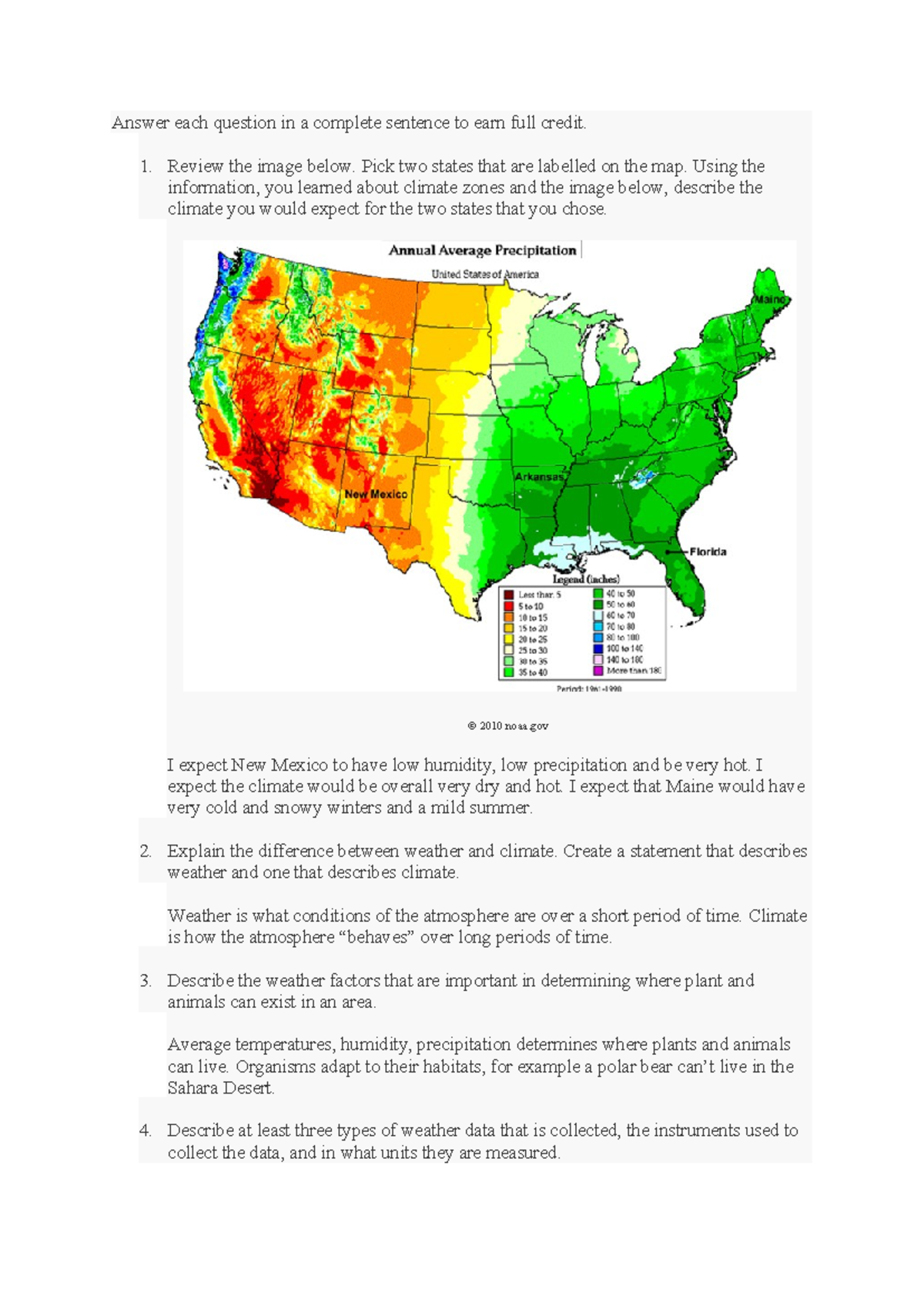 02.03 Weather vs. Climate - Answer each question in a complete sentence ...