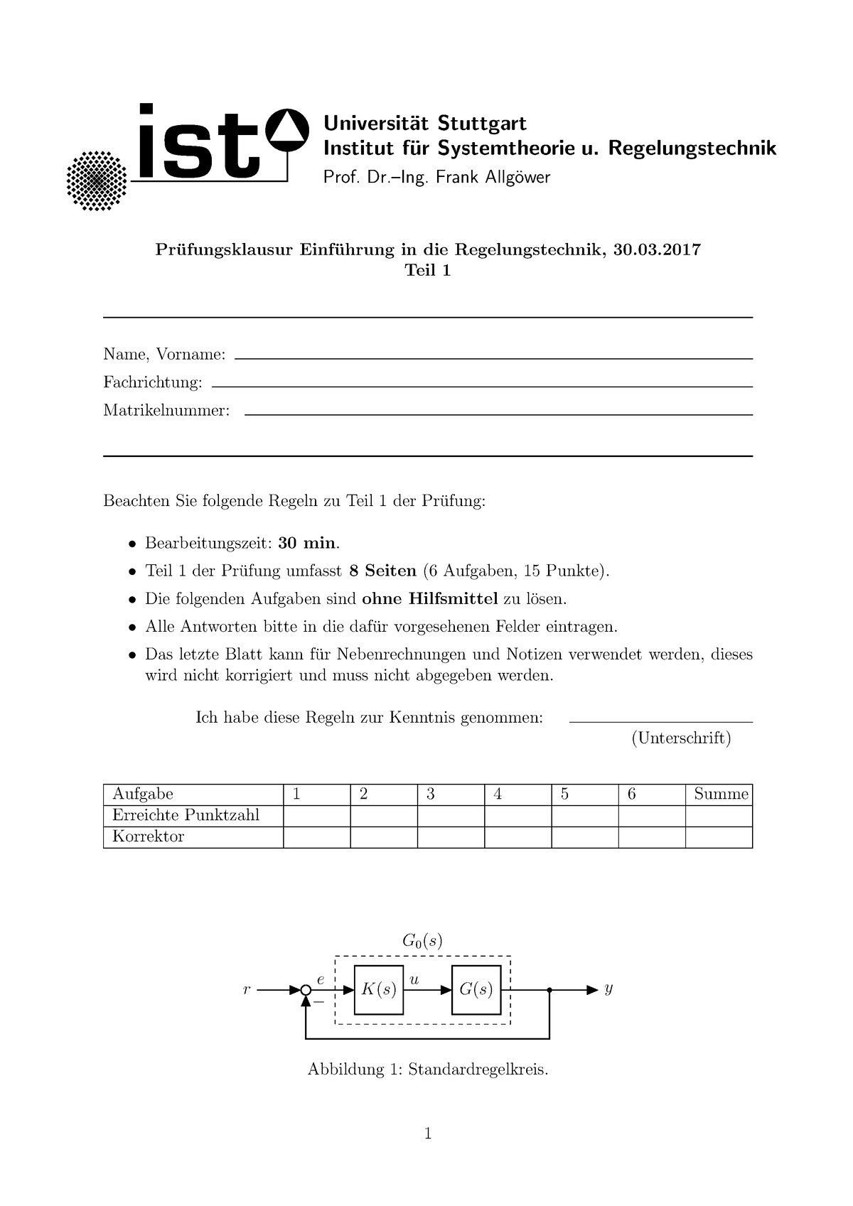 Exam Teil1 Wdh-Vorlesung - Universit at Stuttgart Institut f ur  Systemtheorie u. Regelungstechnik - Studocu