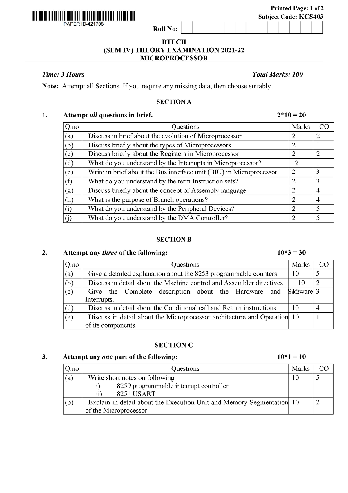 Btech Cs 4 Sem Microprocessor Kcs403 2022 - Printed Page: 1 Of 2 ...