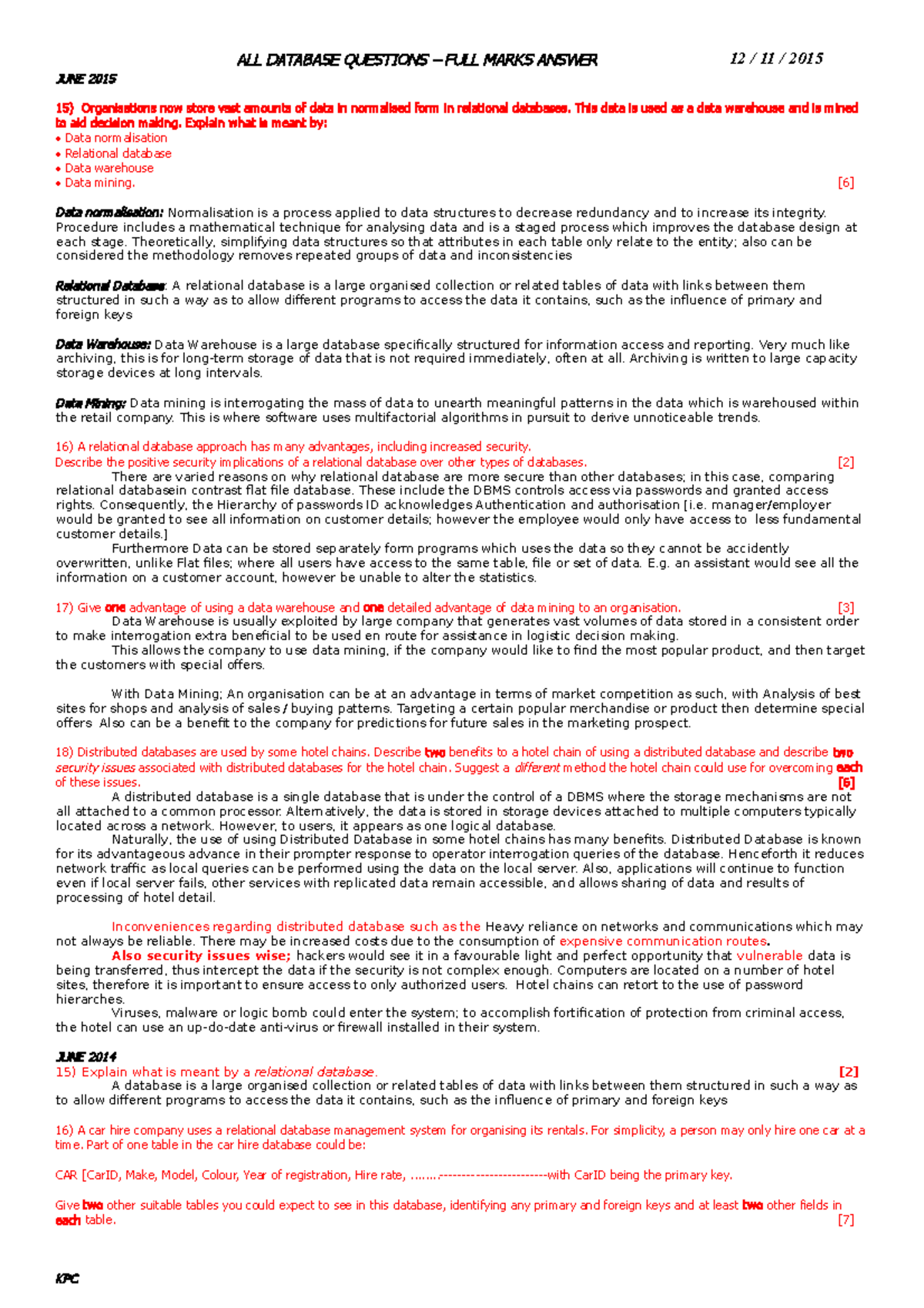Question - 6 Database full mark answers - JUNE 2015 15 ) Organisations ...