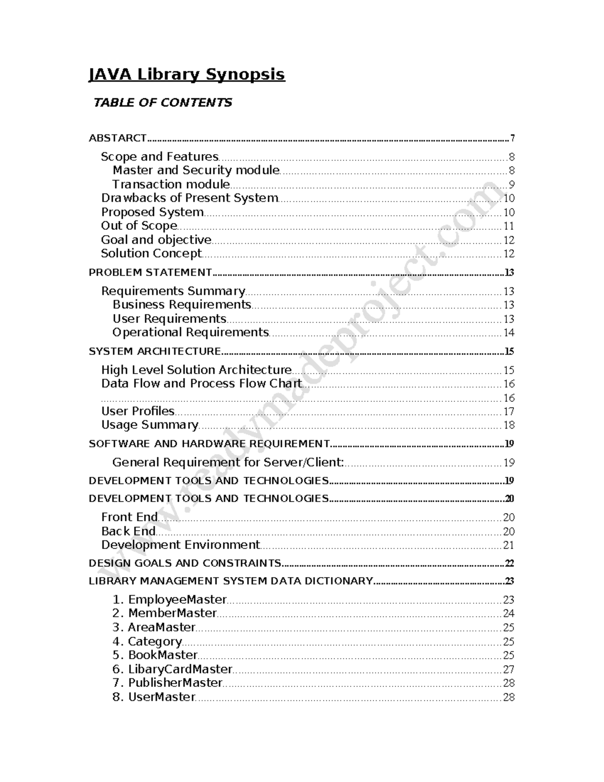 Java library synopsis toc - JAVA Library Synopsis - Studocu