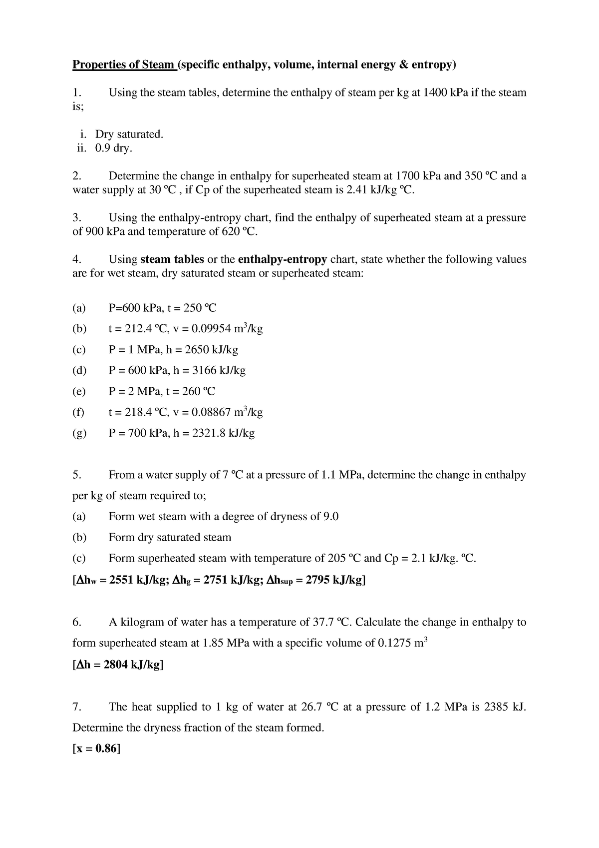 Tutorial 9 - Properties of steam - Properties of Steam (specific ...